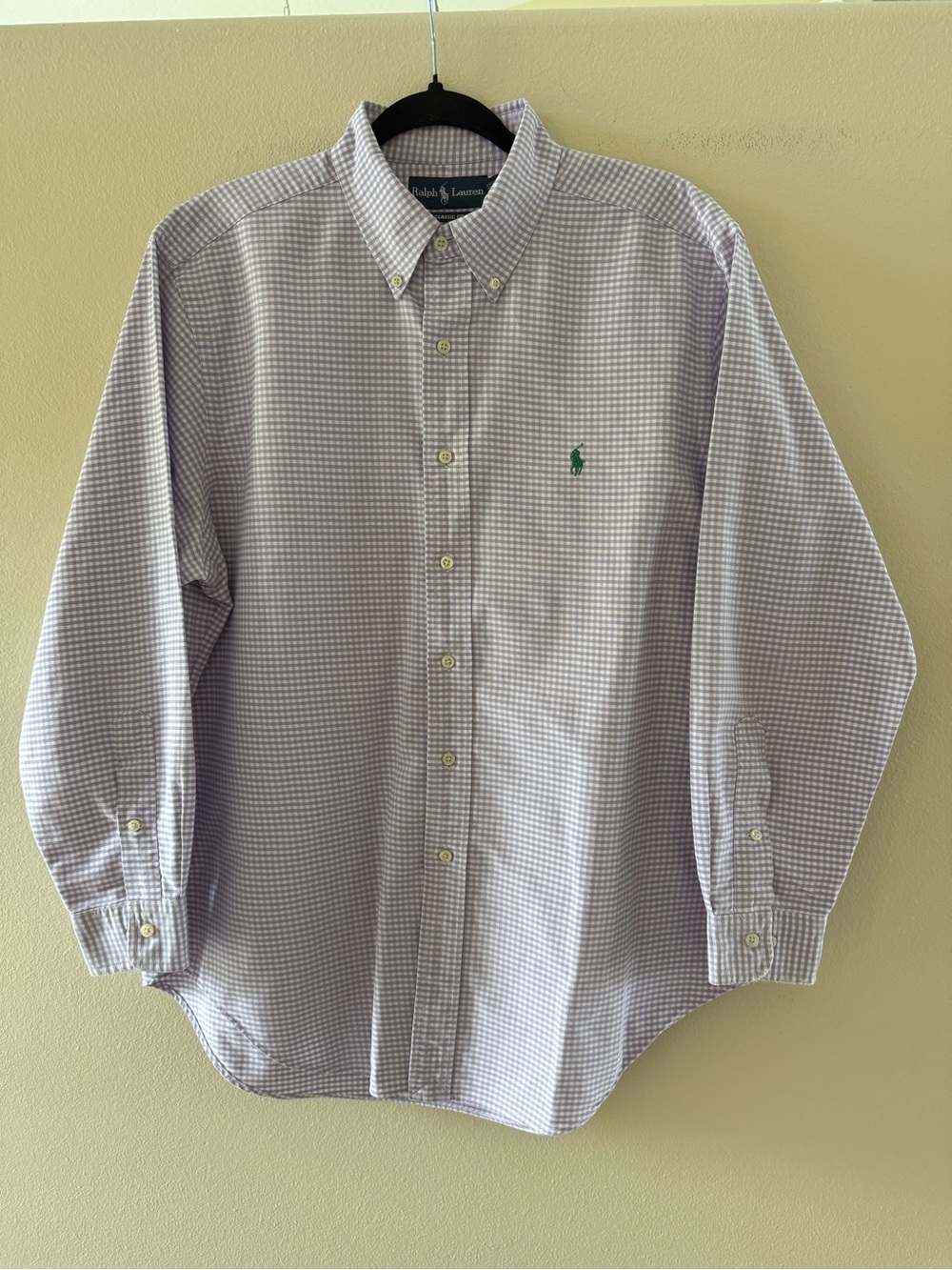 Ralph Lauren Men’s Lavender Check Button-Down Shirt Green Logo Excellent